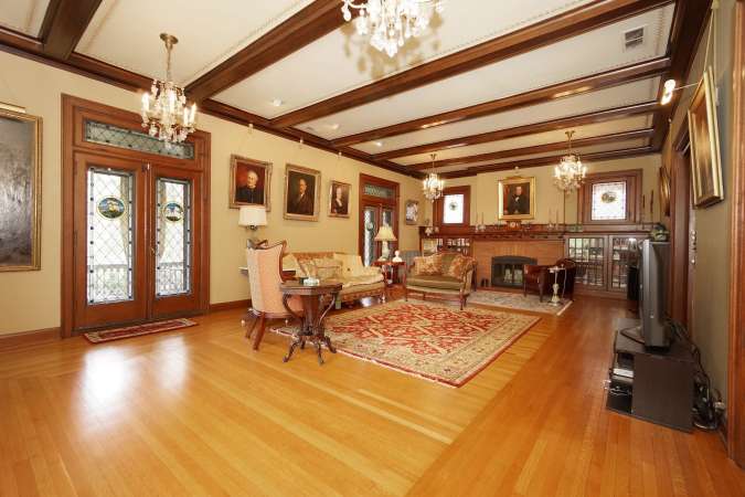 Living Room with Coffered Ceiling and Fireplace